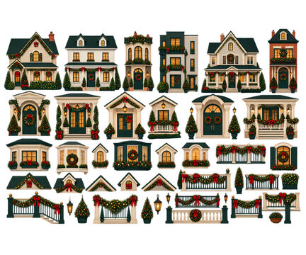 Christmas House and Architectural Vector Collection Featuring Decorated Roofs, Festive Windows, Porches and Railings