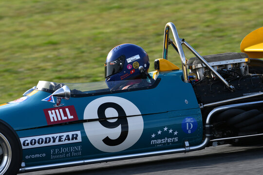 Scarperia, Italy - October 2th 2026: Brabham BT33 of year 1970 ex Rolf Stommelen and Graham Hill drive by unknown in action during practice session at Mugello Circuit.