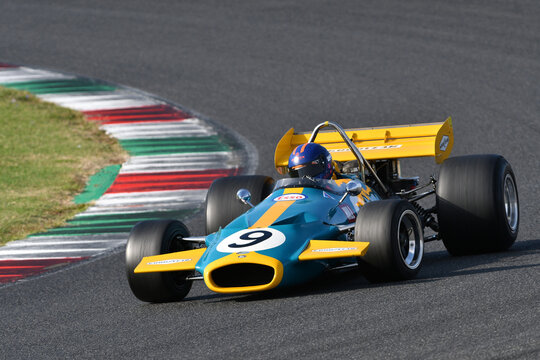 Scarperia, Italy - October 2th 2026: Brabham BT33 of year 1970 ex Rolf Stommelen and Graham Hill drive by unknown in action during practice session at Mugello Circuit.