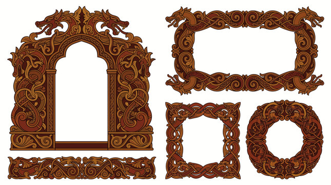 Norwegian Dragestil Dragon Woodcarving Viking Vector Border Set