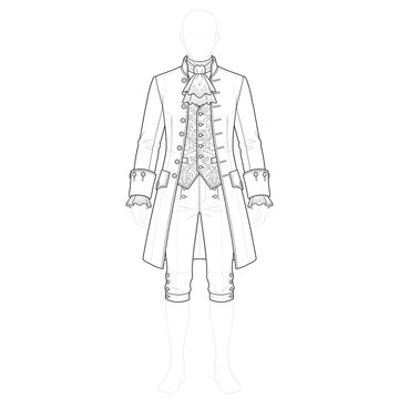 Hand drawn sketch of a Rococo waistcoat and culottes outfit isolated on white background. Anime manga style illustration.