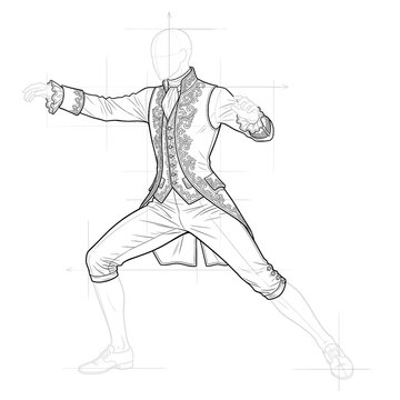 Hand drawn sketch of a dynamic Rococo waistcoat and culottes outfit isolated on white background. Anime manga style illustration.