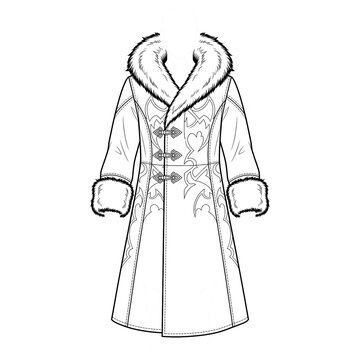 Hand drawn sketch of men's medieval fur-lined caftan isolated. Anime line art.