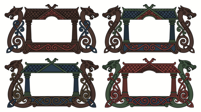 Norwegian Dragestil Dragon Woodcarving Viking Vector Border Set