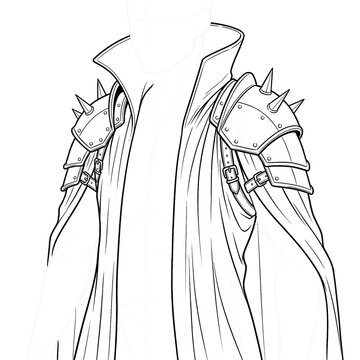 Hand drawn sketch of medieval armor pauldrons over robe 3/4 view. Anime line art.