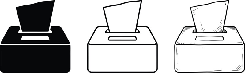 Fototapeta premium Three tissue box illustrations in different styles black white and outline