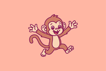 A cute brown cartoon monkey character jumping with arms wide open on a soft peach background © idflat