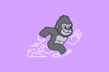 A cute cartoon gorilla running quickly on a simple light purple background © idflat