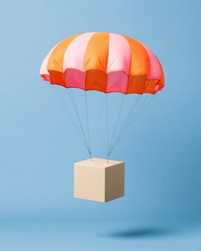 Striped parachute lowering a blank cardboard box, a smooth matte package floating against a bright blue background for airdrop and delivery concepts