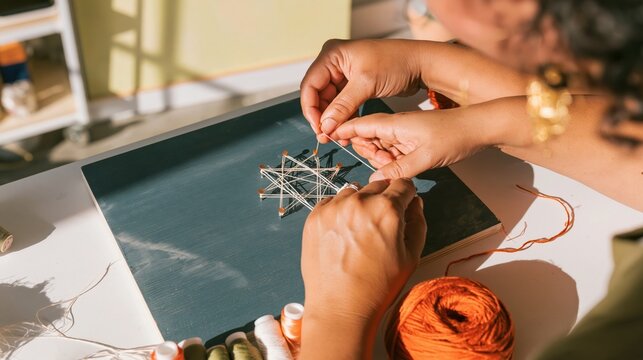 Artist hands weaving thread around nails for a geometric string art design on a rough teal board, concentrated for craft workshops