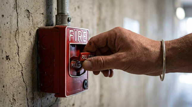 Close-up of a person's hand wearing a silver bracelet pulling down the red lever of an emergency fire alarm box mounted on a rough concrete wall inside a commercial building during a safety drill