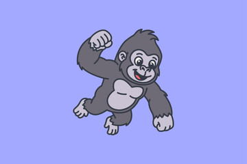 A cheerful cartoon gorilla character jumping with a raised fist against a solid purple background © idflat