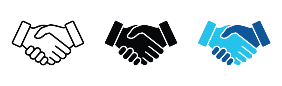 Three handshake icons representing business agreements, partnership, teamwork, trust, contract, negotiation, dealand, professional collaboration for corporate design projects.