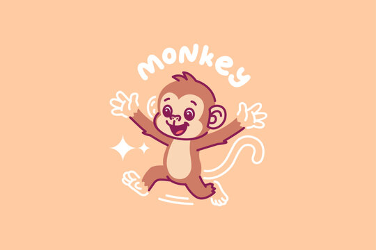 A happy cartoon monkey character jumping with arms raised on a light orange background