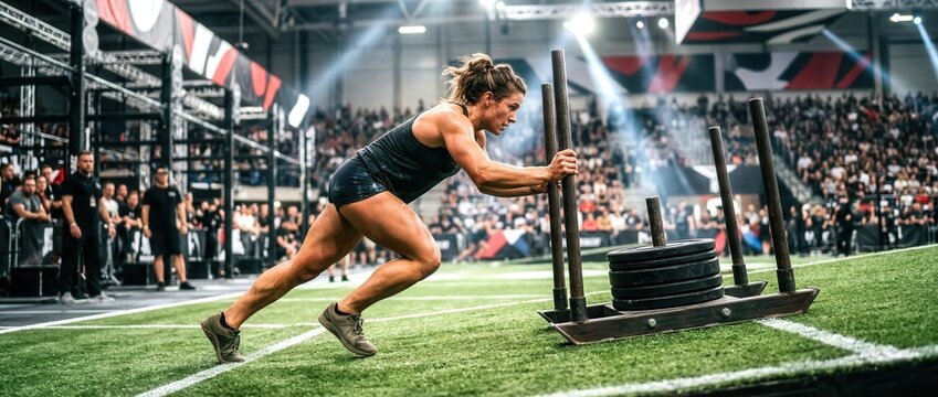 hyrox workout race concept. A muscular woman pushes a heavy weighted sled during a competitive indoor CrossFit event in front of a large audience.