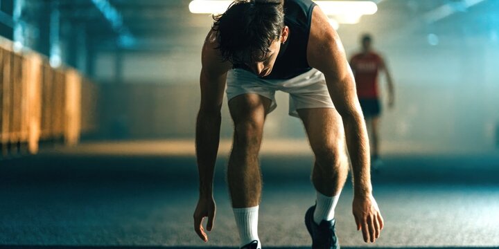 hyrox workout race concept. Male athlete in starting position on indoor track, preparing for sprint or race with focused posture and sportswear.