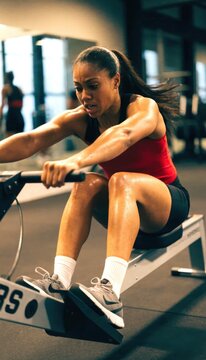 hyrox workout race concept. Woman exercising intensely on a rowing machine in a gym, showing focus and determination during a workout session.