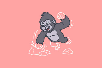 A playful vector illustration of a cartoon gorilla jumping and smashing rocks on a pink background © idflat