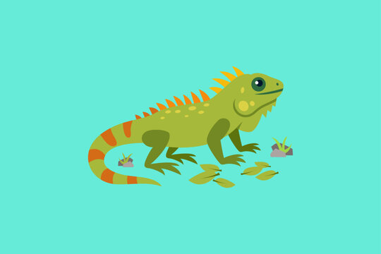 A stylized green iguana illustration with orange stripes on a light blue background