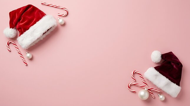 Santa hats and candy canes on a pink background