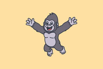A cheerful cartoon gorilla jumping with arms wide open against a light yellow background © idflat