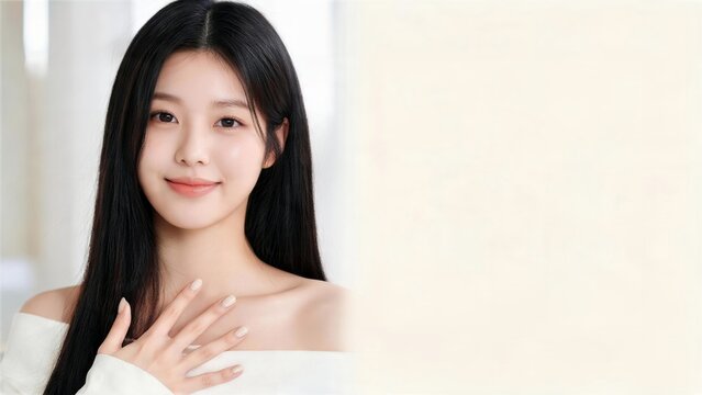 胸元にベージュネイルを添えて笑う黒髪ロングの女性