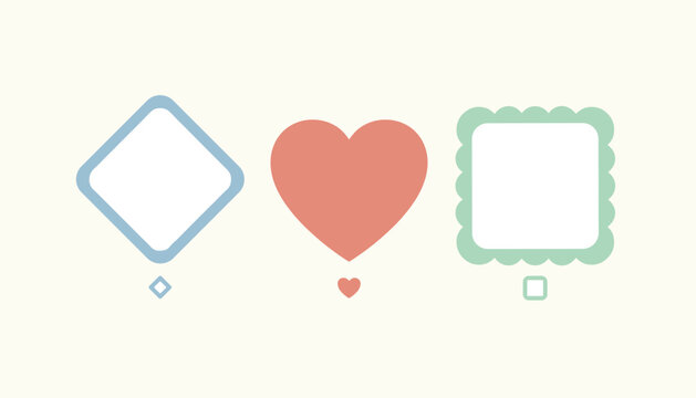 Set of three pastel decorative frames including a diamond, a heart, and a scalloped square with hanging pendants.
