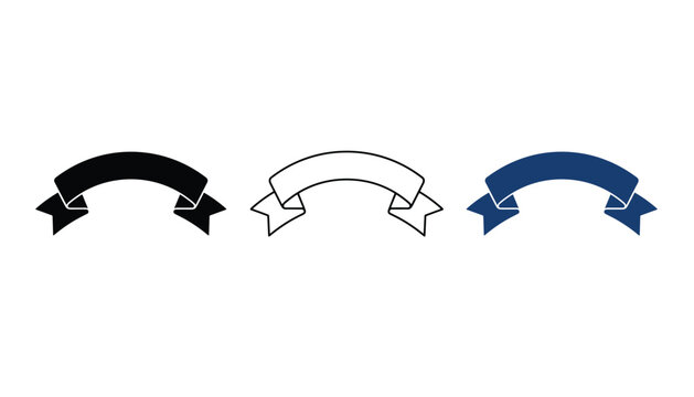 Set of three ribbon banner icons in black, outline white, and dark blue with classic curved shapes and fishtail ends.