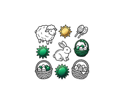 Set of Easter and Spring Themed Vector Icons Featuring Cute White Bunny, Wooly Sheep, Sunny Symbols, Festive Maracas, and Baskets Filled with Decorated Eggs on a Clean White Background