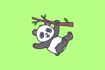 A happy cartoon panda bear hanging from a tree branch against a light green background © idflat