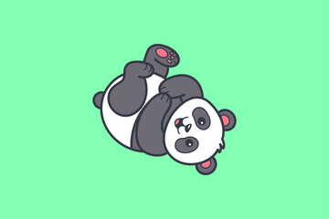 A happy cartoon panda bear lying on its back against a solid light green background © idflat