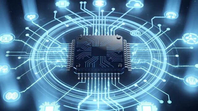 Microchip animation, glowing processor inside a futuristic circular interface with network nodes, blue digital circuitry representing artificial intelligence and 3d computing technology