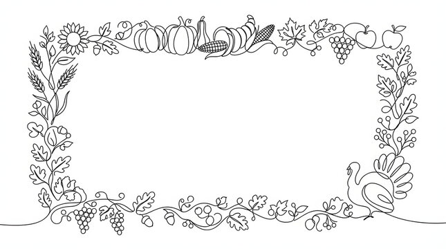 Minimalist one line art thanksgiving border with pumpkin turkey corn wheat and grape elements for autumn seasonal invitation design.