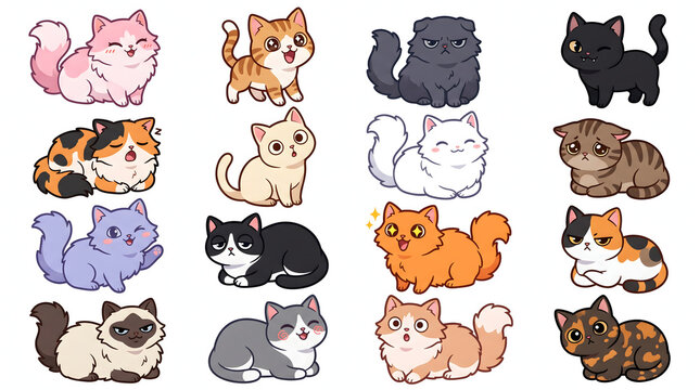 Cute cartoon fluffy cat sticker set with different breeds and colors, kawaii kittens sitting and lying, pink, orange, calico, tuxedo, siamese and persian, adorable pet character collection isolated