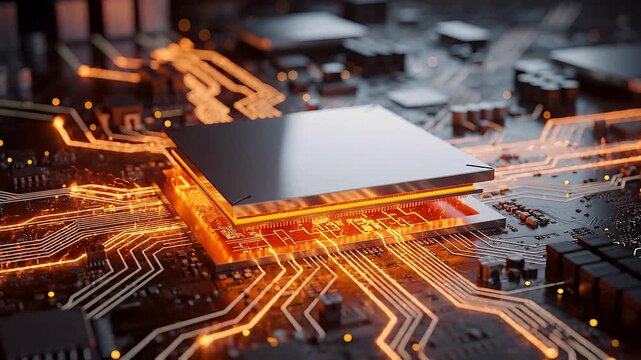 Processor animation, glowing cpu chipset on a futuristic motherboard with orange circuit pathways, showing advanced computing hardware and high-speed digital data processing technology.