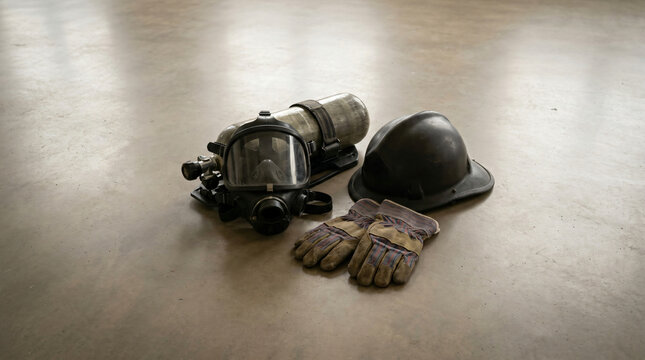 Professional firefighter equipment resting on a smooth concrete floor, featuring an SCBA air tank with face mask, heavy-duty leather protective gloves, and a classic black safety helmet in soft light.