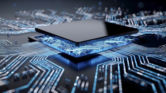 Microchip animation, floating processor above a glowing blue circuit board, futuristic semiconductor technology representing computing, digital innovation and high-speed data processing