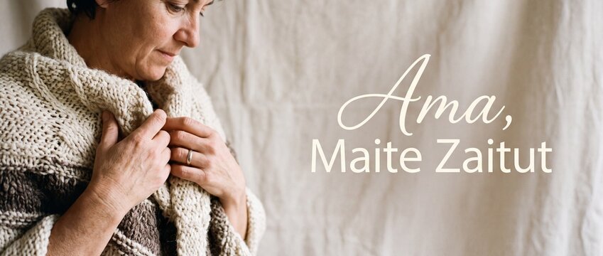 Mature mother wrapped in cozy knit scarf with Basque text Ama Maite Zaitut for Mothers Day greeting, expressing affection, warmth, maternal love, and family care background for banner design