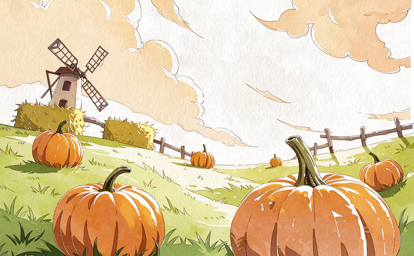 Windmill and pumpkins on a hill