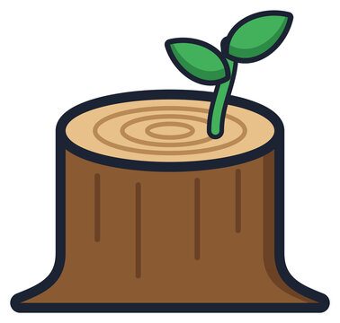 Tree stump with growth rings and new green sprout icon
