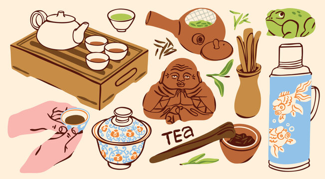 Traditional Chinese tea ceremony items. Ceramic tea cups, bamboo tray, clay teapot, statuettes, vacuum bottle, porcelain tea caddy. Hand drawn Vector illustration. Hospitality, culture, ritual concept