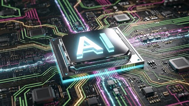 Artificial intelligence animation, glowing ai processor chip on a modern circuit board with colorful electronic pathways, representing machine learning and advanced computing technology
