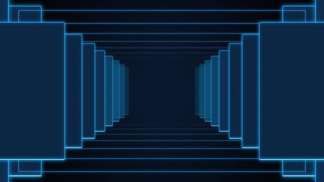 Abstract blue neon tunnel motion background, futuristic digital corridor loop, cyberpunk data stream animation for tech presentations