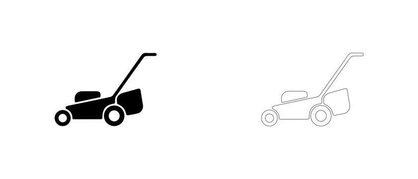 Lawnmower with grass catcher vector icon filled and outline, lawn care and grass cutting symbol.