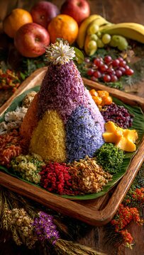 Vibrant Indonesian Tumpeng Pelangi, a traditional multi-colored rice cone dish served on a banana leaf tray for celebrations. Includes assorted traditional side dishes and fresh fruits garnish.

