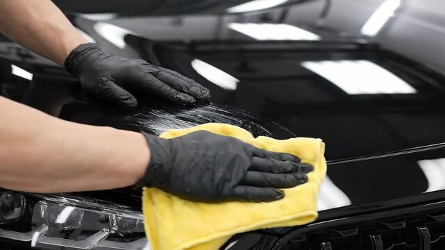Professional detailer wiping wax and polish paste off glossy black car hood with microfiber cloth