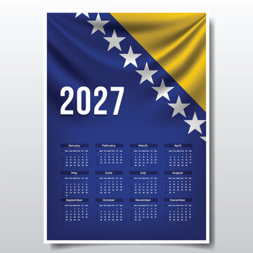2027 Printable Calendar Design with Bosnia and Herzegovina Flag Theme, Patriotic Bosnia and Herzegovina Yearly Planner Template