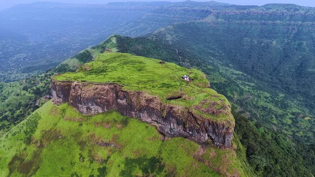 Arial View of   Kenjalgad Fort in Monsoon near Wai , Satara, Maharashtra, India 