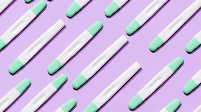 Diagonal rows of mint-tipped pregnancy tests arranged in a repeating pattern on a purple background