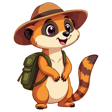 Cute cartoon meerkat explorer wearing a safari hat and backpack vector illustration, funny lemur tourist animal mascot character isolated on white background
